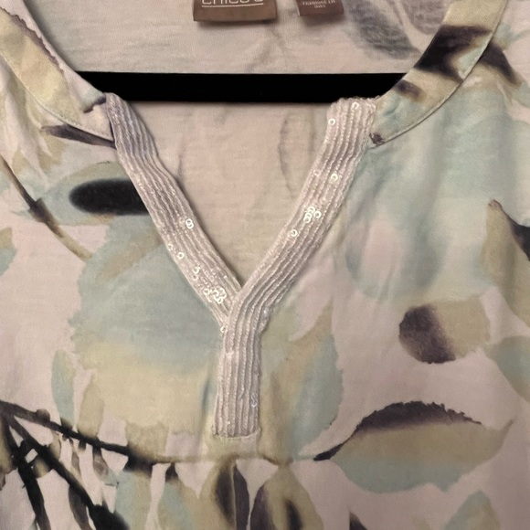 Chico’s White w/Light Blue & Green Watercolour Floral Print Top with Sequins - Picture 3 of 10